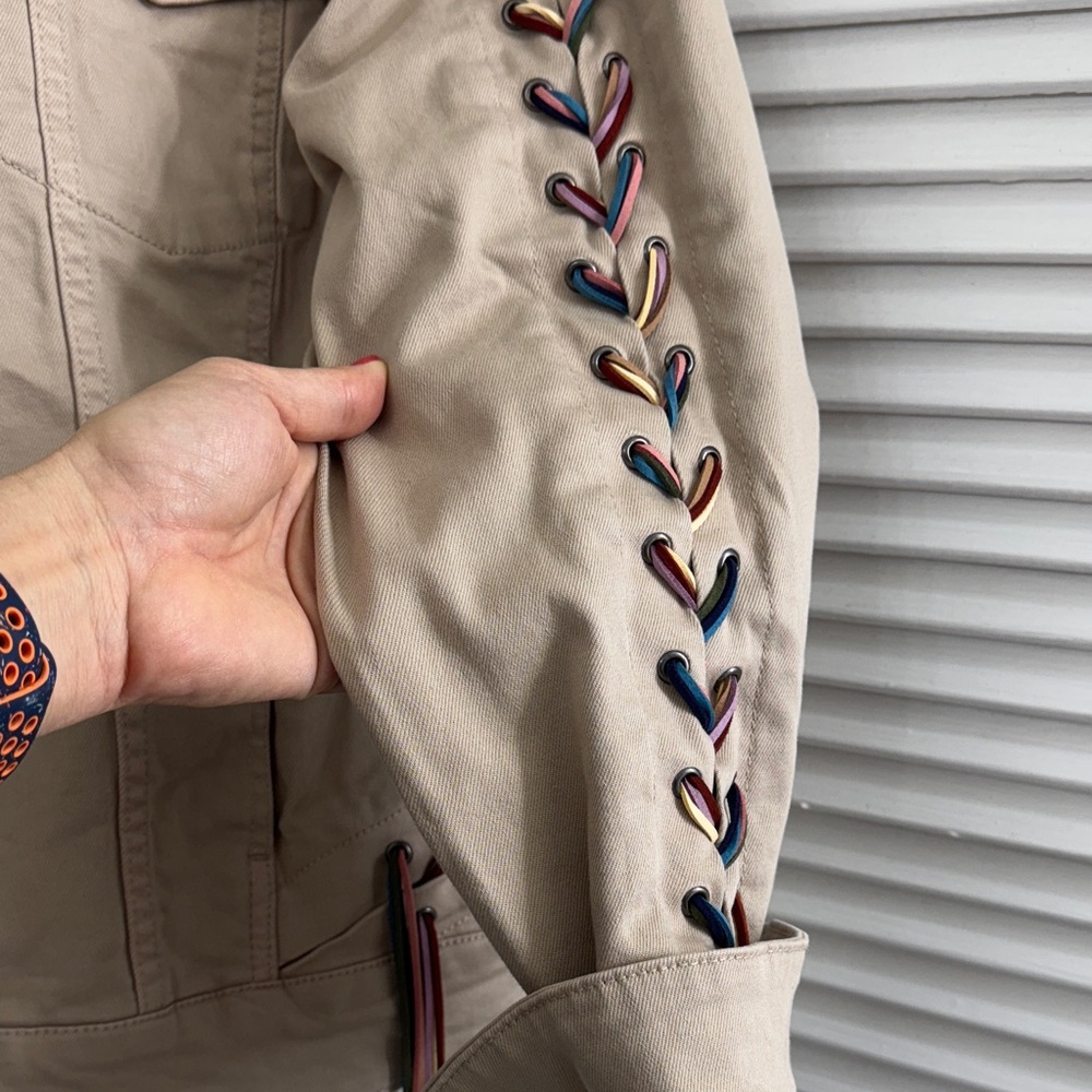Peace Love World Cream Jean Jacket with Colorful Lace-Up Sleeves - Picture 5 of 15